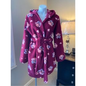 Women’s Burgundy Sherpa Owl Design Robe Hooded with Belt S/M NWT